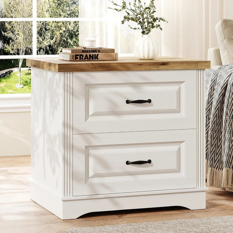 Tables de bout 3 pièces avec lit double et 2 tiroirs de ferme, tables de bout en bois rustique blanc avec poignées
