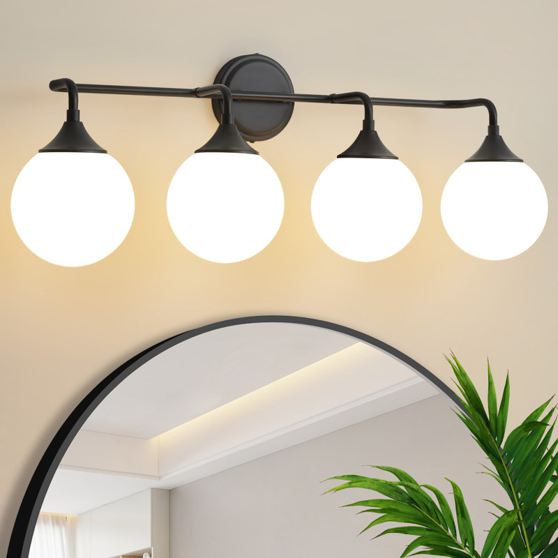 Romale Dimmable Bathroom Vanity Light with 5.9in Milk Opal Glass Globe Shade, 4, Matte Black