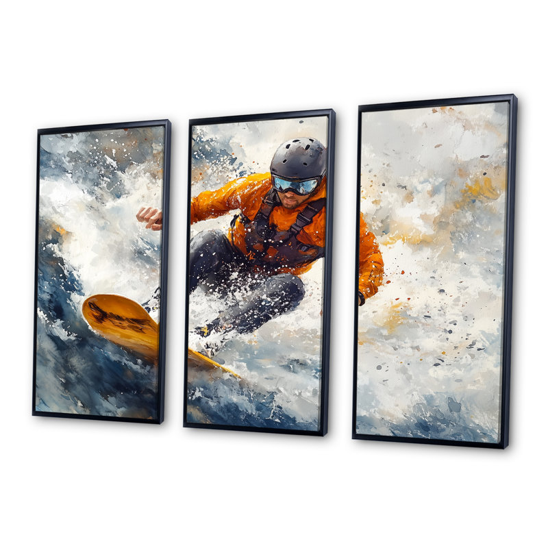 Wakeboard jaune Big Air accentué avec gris I - ensemble d'art mural sport d'hiver, Toile avec cadre flottant noir