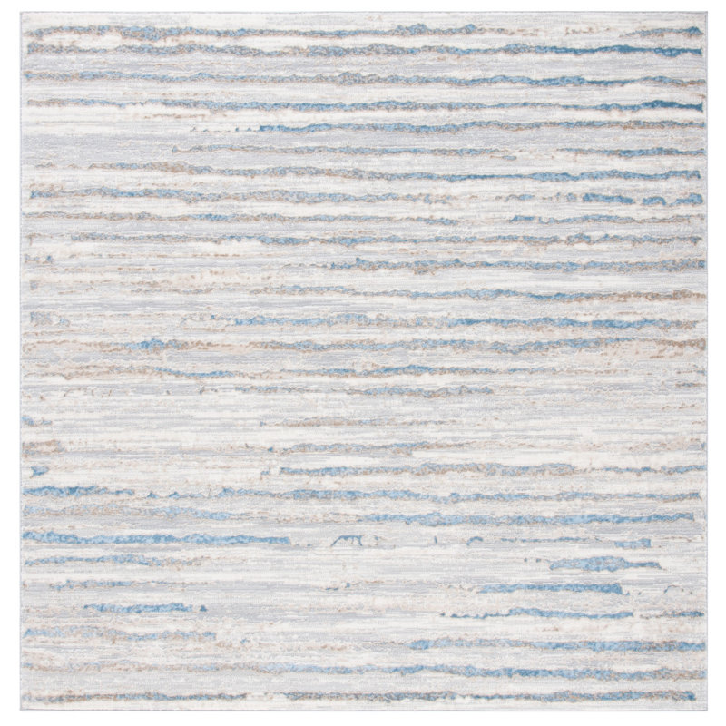 Minkley Striped Gray/Blue/Ivory Area Rug, Square 6'7"