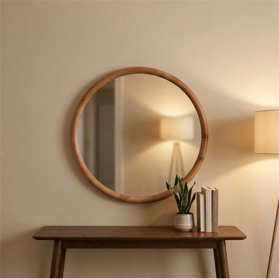 27.56" Natural Wood Round Wall Mirror，Mid-Century Modern Circle Mirror for Bathroom, Bedroom, Entryway