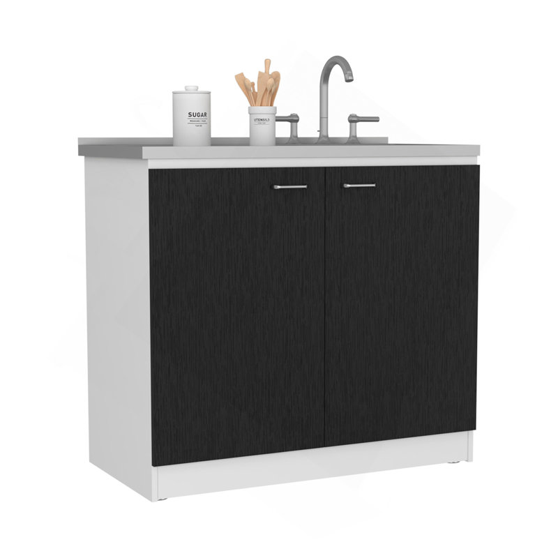 Évier autoportant, armoire à deux portes, deux tablettes, blanc / noir, Blanc/Noir