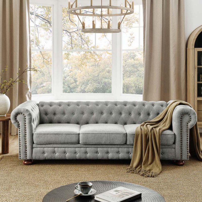 Chesterfield Sofa Tufted Linen Upholstered 3-Seater Sofa, Gray Linen