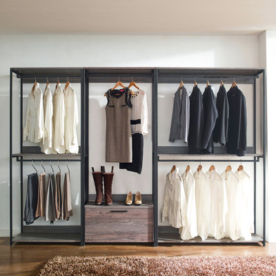 Style Wood Walk-In Closet, Rustic Gray, Powder Coated Metal, Extra Deep Drawers Gray Closet With Solid Wood, Metal Frame, Storage, Heat Materials