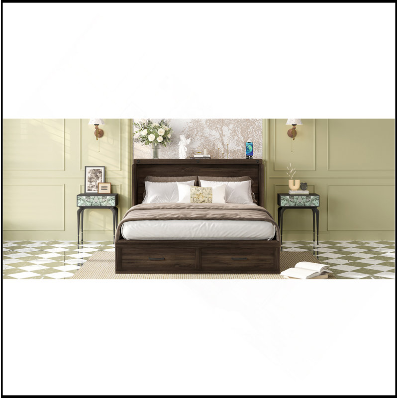 Lit escamotable polyvalent avec grand rangement et charge, Grey, Grand lit