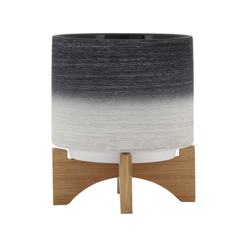 Ceramic and Wood Planter on Stand, Striped Gray, 9" H x 8" W x 8" D