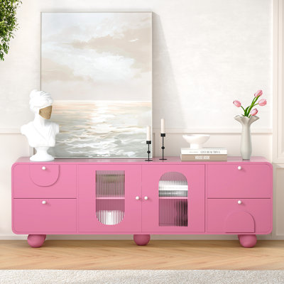 Modern Cute TV Stand With Solid Wood Ball Legs, 4 Drawers & Arched Doors, And Adjustable Shelves, Rounded Edges For Kids-Friendly Homes
