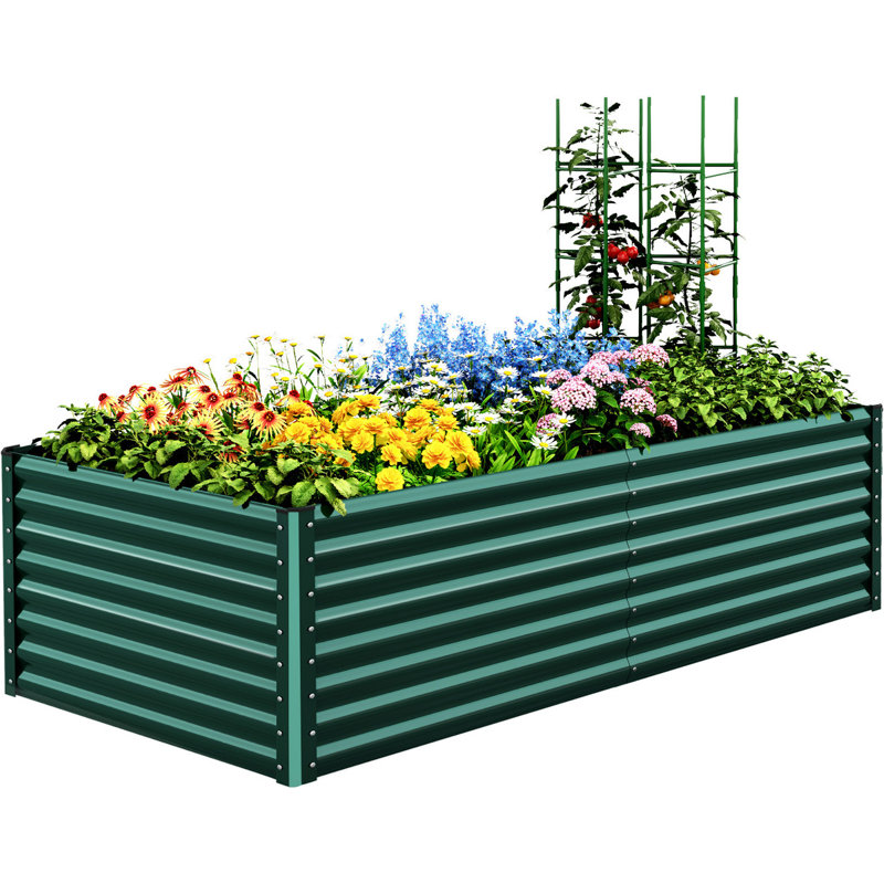  8x4x2 ft Heavy Duty Raised Garden Bed Galvanized Steel Metal Deep Planter Box with 2 Tomato Cages for Outdoor Gardening Green