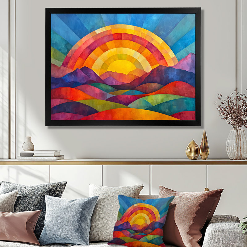 Arc-en-ciel sur des montagnes colorées abstraites - art mural arc-en-ciel, H 16 po x l 32 po, Natural Floater Framed