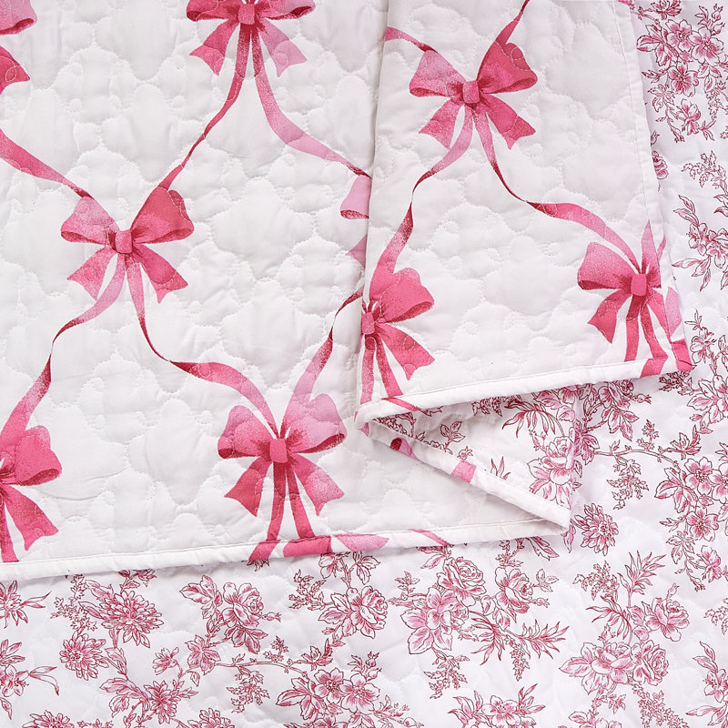 Ensemble de courtepointe légère réversible Abigail Bow, Courtepointe pour lit simple + 1 taie décorative , Rose