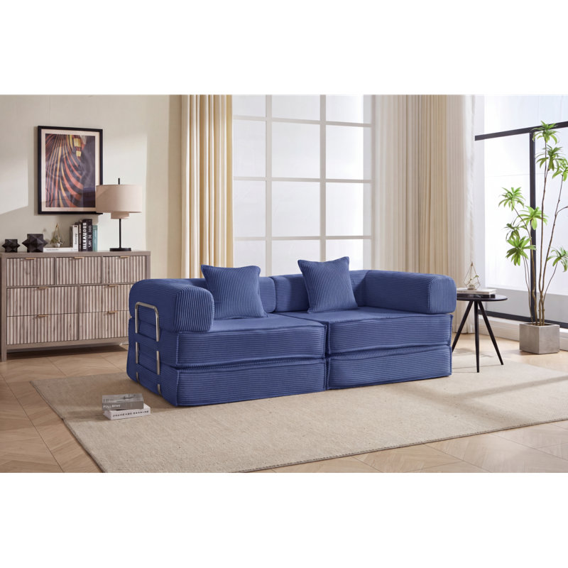 Canapé-lit de 78 po convertible, canapé modulaire en velours côtelé avec 2 coussins, canapé à plancher compressé peu encombrant, idéal pour le salon, la chambre à coucher, un appartement, bleu marine.