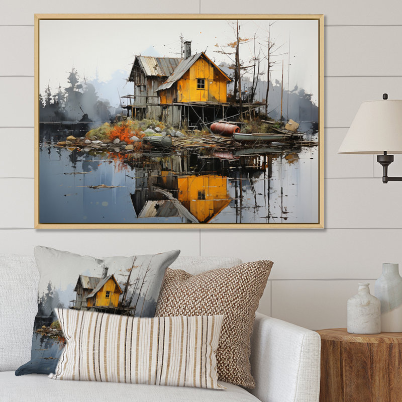 Yellow Lakehouse Pier Reflections II - Landscapes Canvas Prints, H 24 po x l 32 po x P 1 po, Cadre naturel flottant