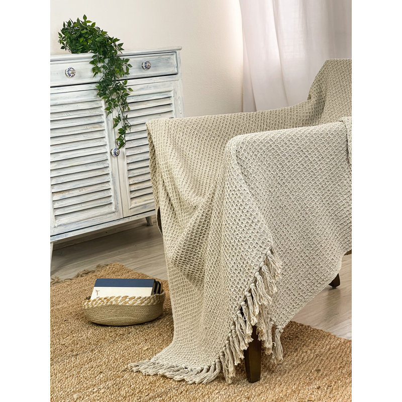 Beige Cotton Waffle Weave Lightweight Throw Blanket