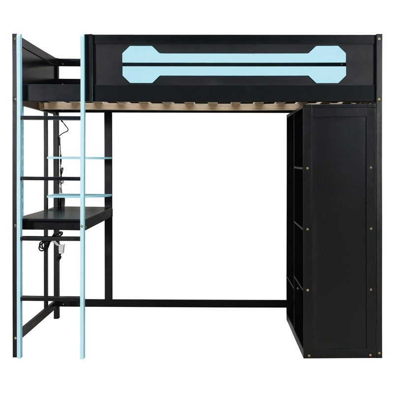 Full Size Wood Loft Bed with Desk, Open Wardrobe & RGB Lighting, Multi-Functional Bed for Kids and Teens, Blue, Blue