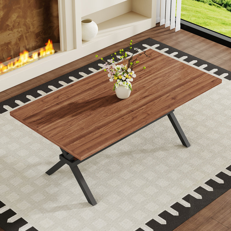Table de salle à manger en bois aggloméré avec structure en X, style industriel moderne pour 6 à 8 personnes, Black / Walnut