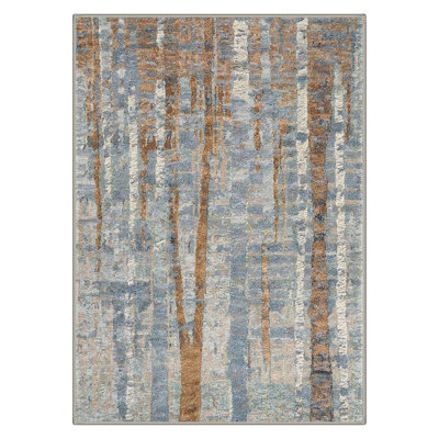 Aura Modern Abstract Machine Washable Blue / Brown / Beige Indoor Area Rug with Non-Slip Backing