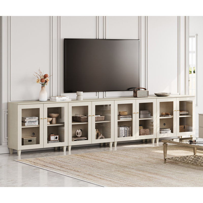 Meuble télé 4 en 1 avec portes en verre, console multimédia avec tablettes réglables et gestion des câbles, Beige