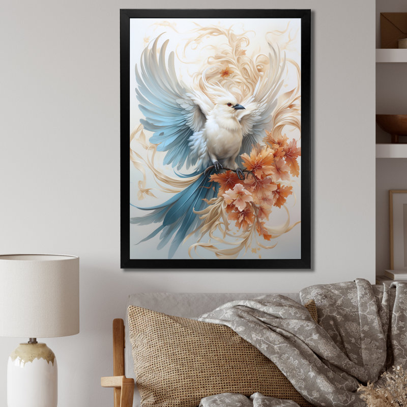 Majestueux oiseau blanc sur une branche de fleur, Cadre simple noir, H 32 po x l 16 po x P 1 po
