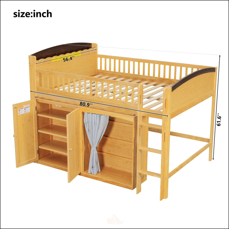 Lit mezzanine double avec rangement, garde-robe et éclairage à DEL, conception peu encombrante, Bois
