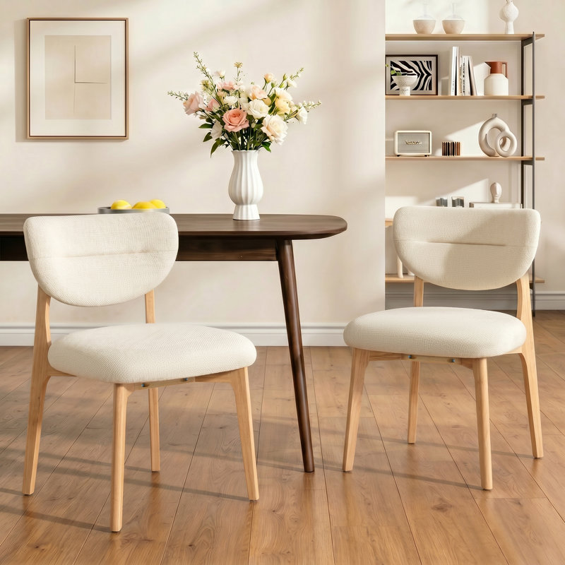 Chaise de salle à manger beige rembourrée de style milieu du siècle, avec revêtement en lin et structure en chêne, Beige
