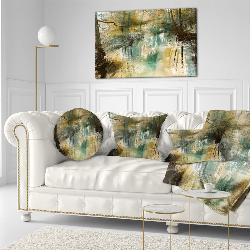 Coussin lombaire avec peinture à l'huile Schafer Landscape River and Trees