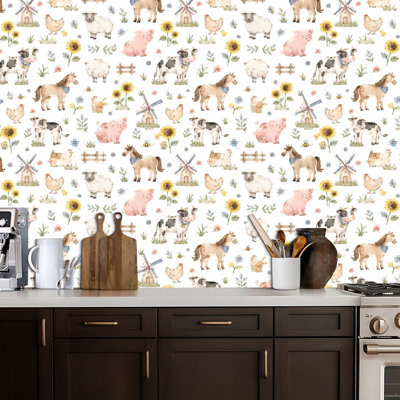 Peel and Stick Wallpaper Watercolor seamless farm animals Contact Paper Removable Self Adhesive Wall Mural Wall Decor for Bedroom Kitchen Cabinets 17.7in x 118in