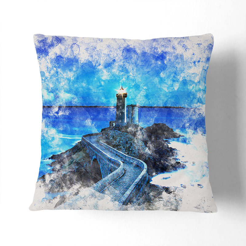 Lighthouse and Seascape in France Watercolour Cushion with Filling, 55cm H x 55cm W x 20cm D, Stone