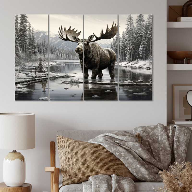 «Brown White Moose Winter Majesty» sur toile, reproduction de 4 pièces