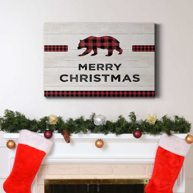 Merry Christmas Bear - Toile tendue avec châssis de qualité supérieure - prête à être accrochée, H 48 po x l 32 po x P 1 po