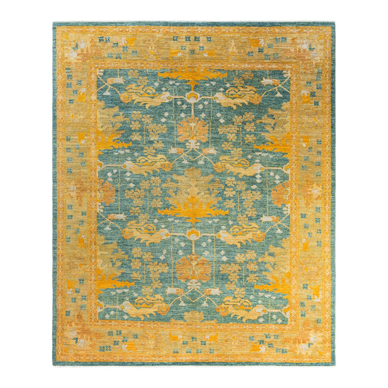 Tapis unique noué à la main bleu 8 pi 1 po x 9 pi 7 po Arts & Crafts