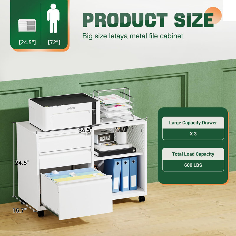 Mobile 3 Drawer File Cabinet with Lock, White