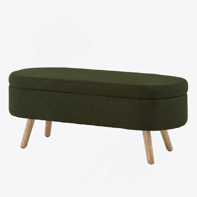Luxury Oval Boucle Storage Ottoman Bench With Wood Legs 350Lb Weight Capacity & Safety Hinge, For Living Room, Bedroom Entryway,DARK GREEN