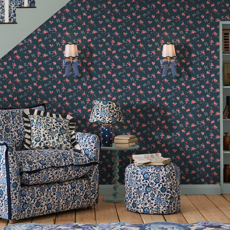 Cath Kidston Rose & Bows Floral Wallpaper, Navy
