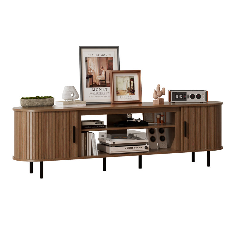 80'' Mid Century Modern Fluted TV Stand，Curved Entertainment Center for TVs Up to 90 Inches, Walnut