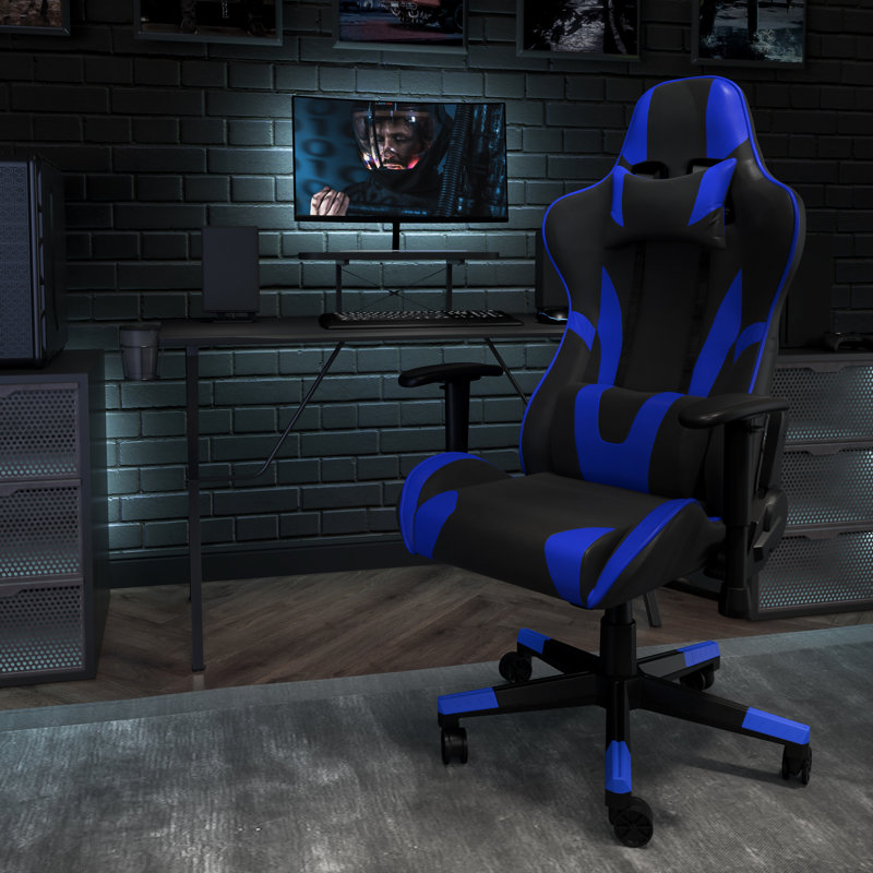 Ergonomic LeatherSoft Computer Gaming Chair with Fully Reclining Back and Slide-Out Footrest, Blue