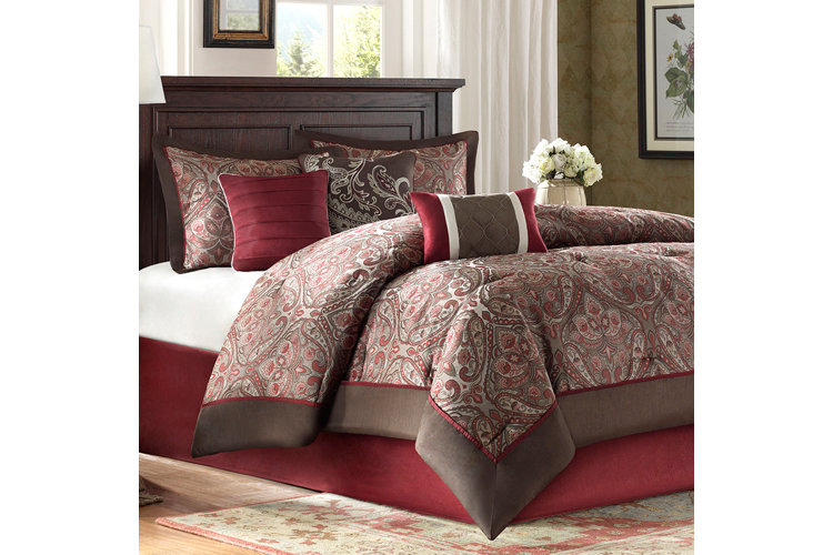Fenton Brown/Red/Beige Microfiber Reversible Modern & Contemporary 7 Piece Comforter Set