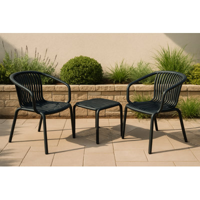 Brene 3-Piece Contract Grade Outdoor Chat Set with side table and 2 stackable lounge chairs, Fade-Resistant, Weatherproof, Eco-Friendly Recyclable Patio Furniture for Backyard, Deck, Balcony, Café & Commercial Use- Charcoal