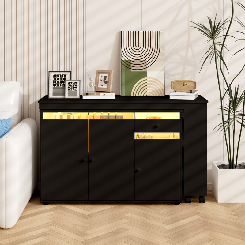 L-Shaped Computer Desk with Storage Cabinet, Drawer & Shelf, Rotating & Convertible Home Office Desk with LED Light, Black