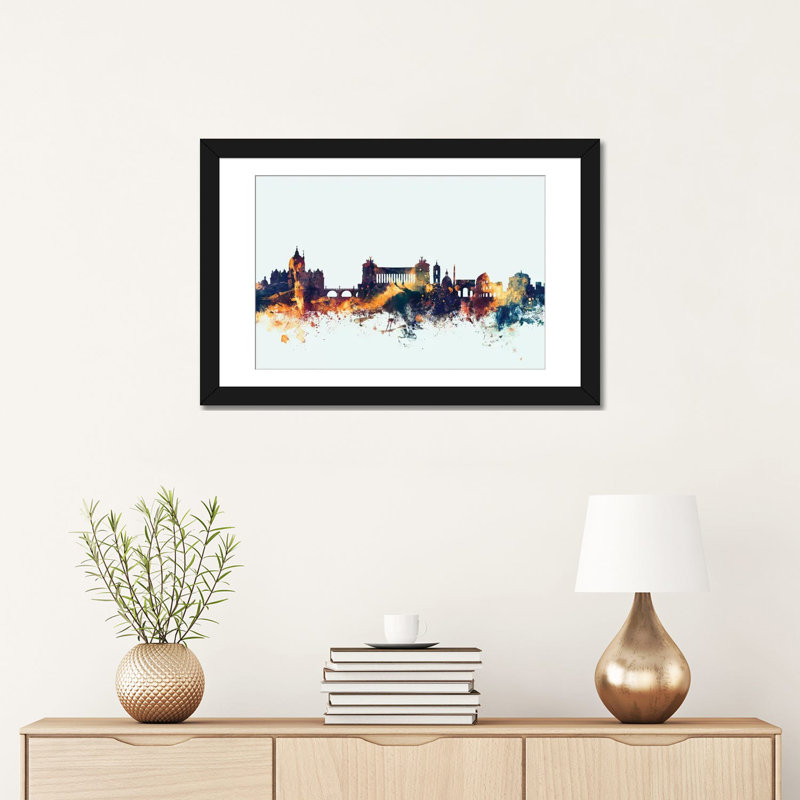 Série d’horizons : rome, italie, impression sur toile tendue en bleu, H 16 po x l 24 po x P 1 po, Papier d'art encadré noir