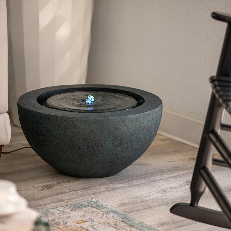 Round Sphere Style Water Fountain with LED Light, Modern Indoor Outdoor Polyresin Fountain for Home Patio Garden, Auto Shut Off Pump - Dark Green
