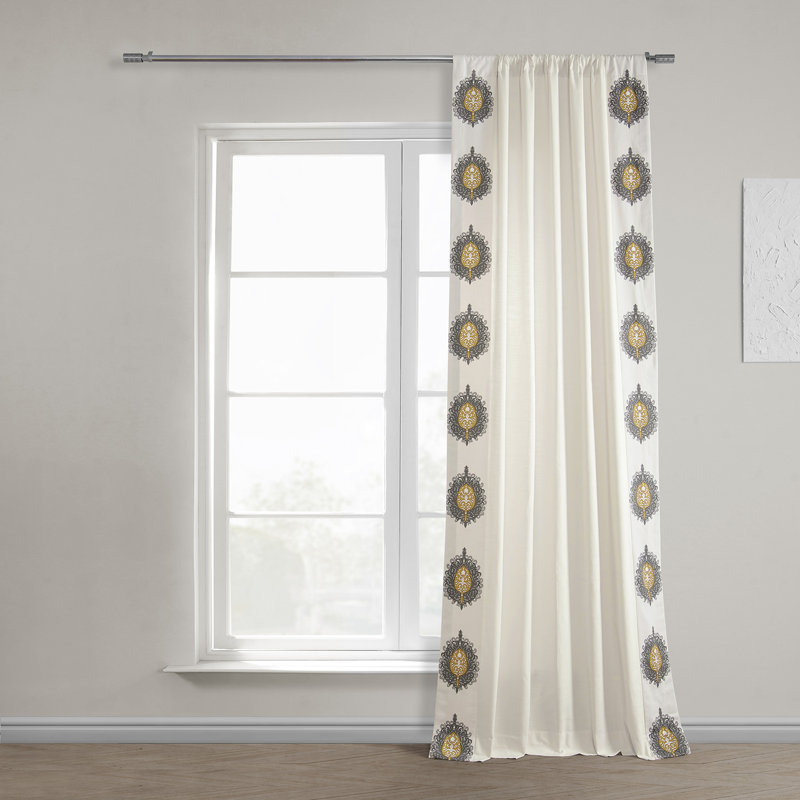 Gilded Medallion Solid Cotton Light Filtering Bordered  Curtains - Single Panel, 50" W x 96" L