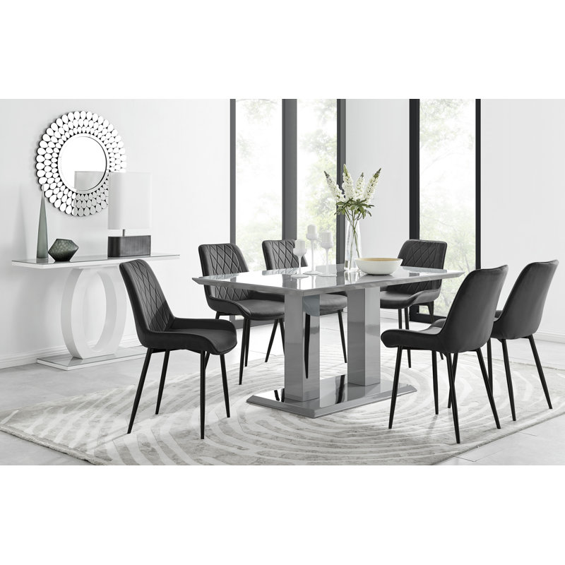 Eubanks High Gloss Double Pillar Dining Table Set with 6 Luxury Velvet Upholstered Dining Chairs, Black
