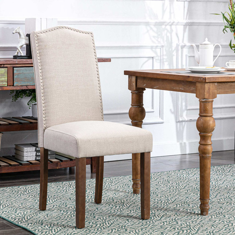 Upholstered Fabric Nailhead Trim Wood Dining Chairs Side Chair, Beige