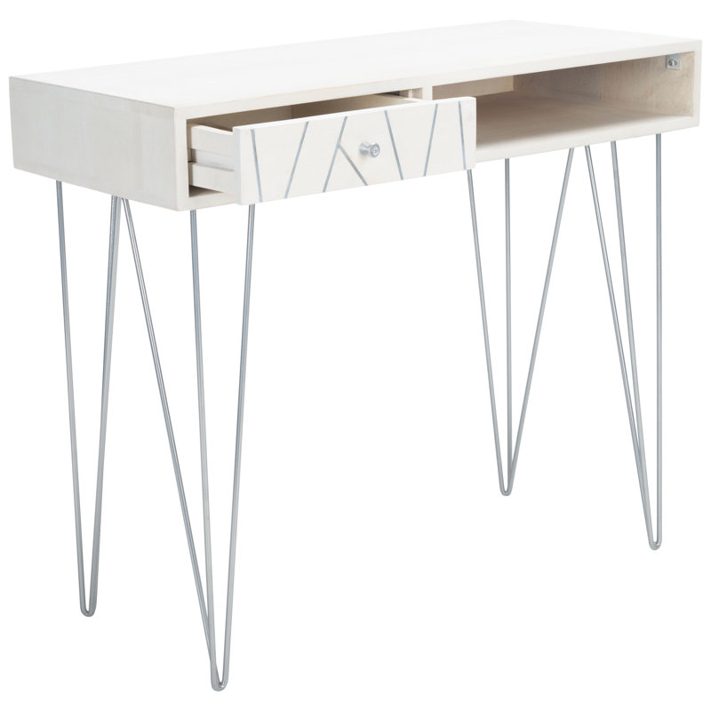 Resch Solid Wood Iron Writing Desk, White Wash/Silver