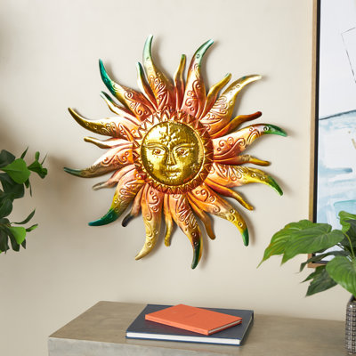 Cole And Grey Stainless Steel Metal Face Sun Gold Home Wall Decor With Red, Green, And Orange Accents
