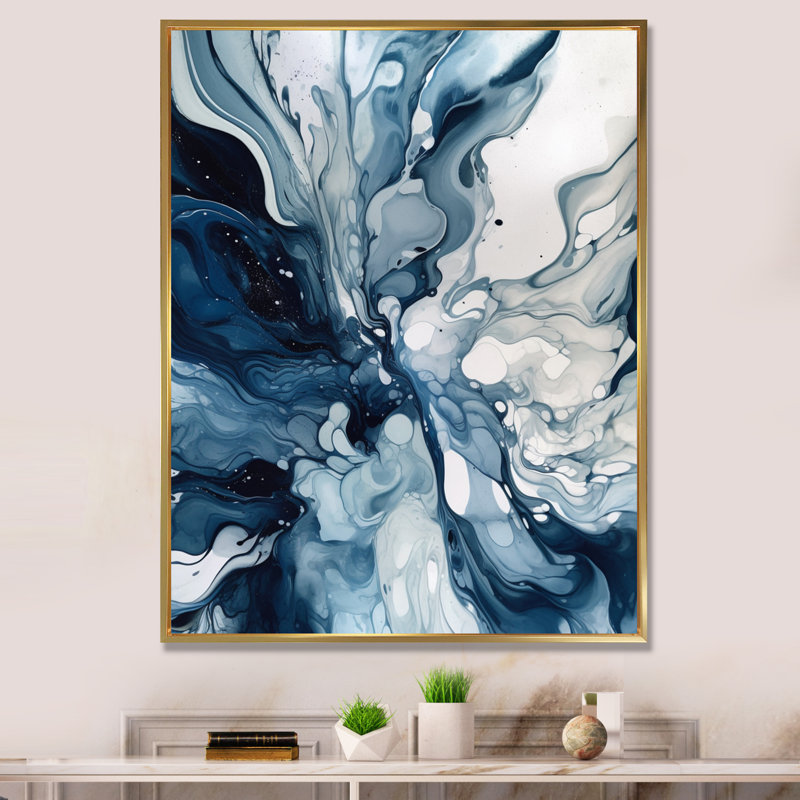 «Blue Grey Ethereal Elixir I», art mural abstrait, Doré, H 20 po x l 12 po, Floater Framed Print