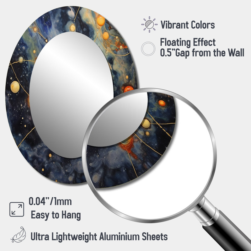 Bleu bleu jaune univers galactique - miroir décoratif ovale fantaisie sur métal, 40 po x 30 po