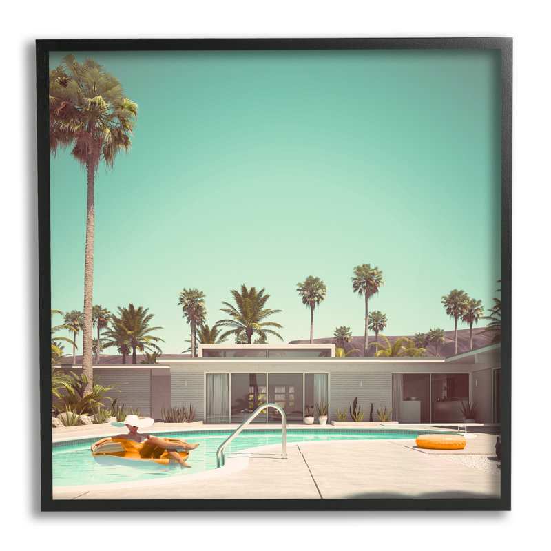Maison de vacances avec piscine dans le désert, H 24 po x l 24 po x P 1,5 po, Giclée encadrée noir minuit