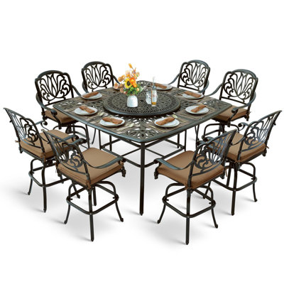 10-piece Outdoor Bar Set, All Weather Cast Aluminum Patio Bar Furniture With 8 Cushioned Swivel Bar Stools, Large 64" Square Patio Bar Height Table Wi by Bloomsbury Market