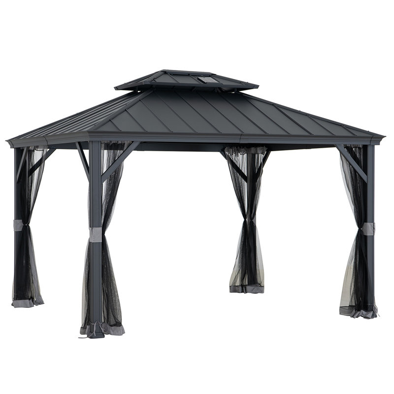 Black Aluminum and Steel 10x12 ft. Hardtop Gazebo with Solar Panel